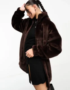 Adidas Originals 'Neutral Court' Faux Fur Coat With Trefoil In Chocolate Brown