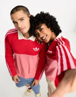 Adidas Originals Unisex Adicolor 70'S Long Sleeve Polo Top In Red