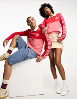 Adidas Originals Unisex Adicolor 70'S Long Sleeve Polo Top In Red