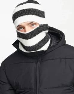 Adpt Rib Knitted Balaclava In White Stripe