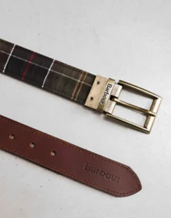 Barbour Reversable Tartan Leather Belt In Dark Brown