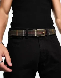 Barbour Reversable Tartan Leather Belt In Dark Brown