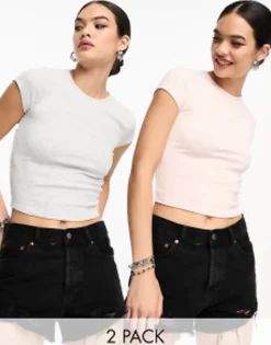 Bershka 2 Pack Ribbed Baby Tee In Light Pink