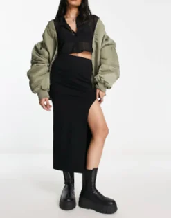 Bershka Midi Skirt With Front Slit In