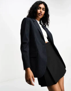 Bershka Oversized Mansy Blazer In Navy Pinstripe