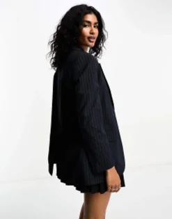 Bershka Oversized Mansy Blazer In Navy Pinstripe