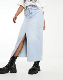 Bershka Raw Hem Split Hem Denim Midi Skirt In