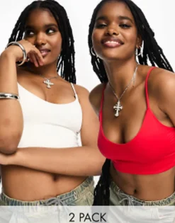 Bershka Slinky V-Neck Cami Top 2 Pack In Red & White