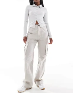 Bershka Straight Leg Cargo Trousers In Stone