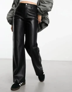 Bershka Straight Leg Faux Leather Trousers In
