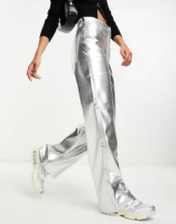 Bershka Straight Leg Faux Leather Trousers In