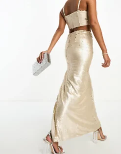 Collective The Label Petite Exclusive Embellished Maxi Skirt Co-Ord In Champagne
