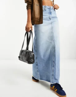 Collusion A-Line Long Maxi Denim Skirt In Vintage Blue Wash