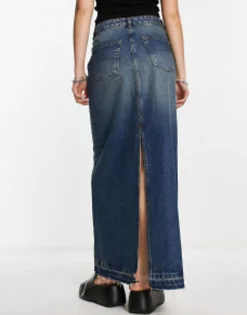 Collusion Long Maxi Denim Skirt In Blue Dirty Wash