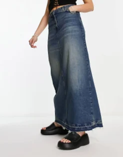 Collusion Long Maxi Denim Skirt In Blue Dirty Wash