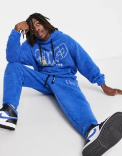 Crooked Tongues Co-Ord In Teddy Borg With Logo And Character Embroidery In Blue