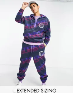 Crooked Tongues Co-Ord With All Over Logo Print Polar Fleece In Blue