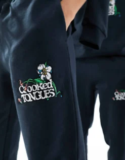 Crooked Tongues Unisex Co-Ord Oversized Joggers In Black With Embroidery