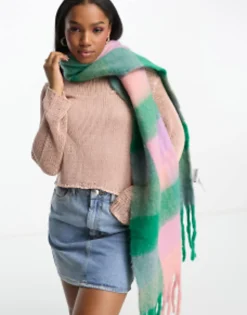 Daisy Street Check Blanket Scarf In And Purple Check
