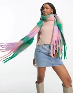 Daisy Street Check Blanket Scarf In And Purple Check