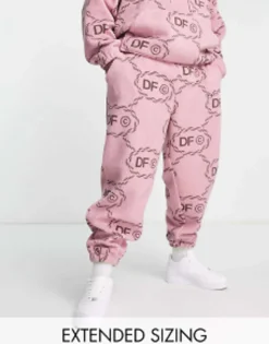 Dark Future Co-Ord Relaxed Joggers In Teddy Borg With All Over Monogram Logo Print And Embroidery In Pink