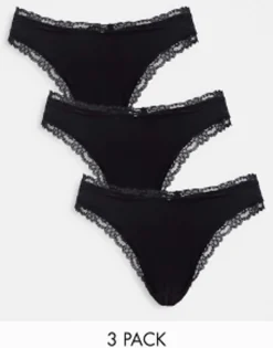 Design 3 Pack Cotton & Lace Trim High Rise Malibu Thong In