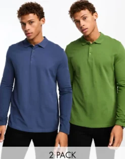 Design 2 Pack Long Sleeve Pique Polo In Green And Navy