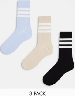 Design 3 Pack Ribbed Ankle Socks With Stripe Detail In Stone/Blue/Charcoal