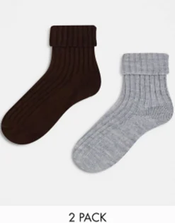 Design 2 Pack Wool Mix Lounge And Boot Socks In Brown And Charcoal