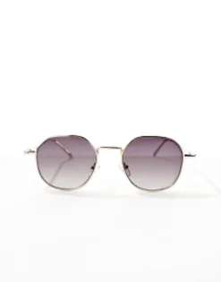 Design Angled Round Metal Sunglasses With Smoke Gradient Lens In