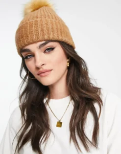 Design Beanie In With Tonal Faux Fur Pom