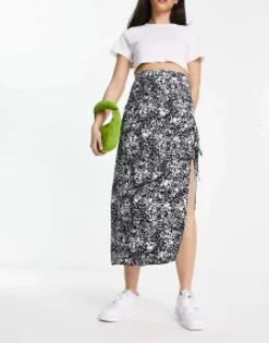 Design Bow Detail Midi Skirt With Thigh Split In Print