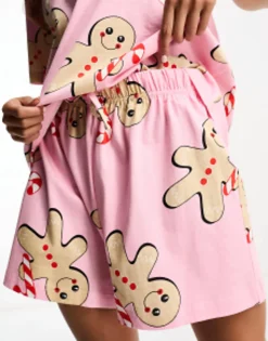 Design Christmas Gingerbread Oversized Tee & Short Pyjama Set In