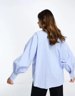 Design Contrast Bow Detail Shirt In Blue & White Stripe