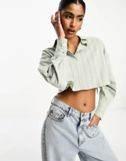 Design Cropped Shirt In Olive And Black Pinstripe