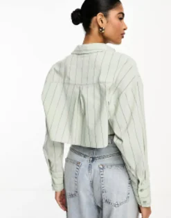 Design Cropped Shirt In Olive And Black Pinstripe