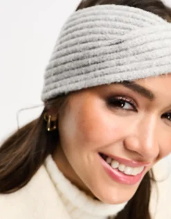 Design Cross Over Knit Headband In Grey Marl