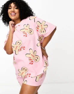 Design Curve Christmas Gingerbread Oversized Tee & Short Pyjama Set In