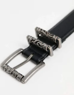 Design Faux Leather Pebbled Belt With Engraved Burnished Buckles In