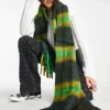 Design Fluffy Wool Mix Tassel Scarf In Mustard & Green Check