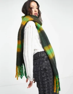 Design Fluffy Wool Mix Tassel Scarf In Mustard & Green Check