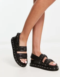 Design Focused Leather Studded Flat Sandals In