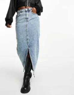 Design Hourglass Denim Midi Skirt With Split Hem In Midwash