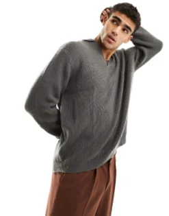 Design Knitted Oversized Fisherman Rib Notch Neck Jumper In