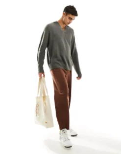 Design Knitted Oversized Fisherman Rib Notch Neck Jumper In