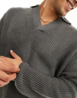 Design Knitted Oversized Fisherman Rib Notch Neck Jumper In