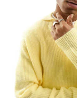 Design Knitted Oversized Fisherman Rib Notch Neck Jumper In
