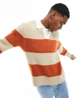 Design Knitted Relaxed Rugby Striped Boucle Jumper In Orange And White