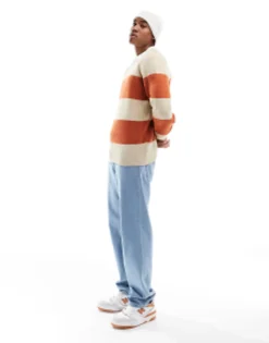 Design Knitted Relaxed Rugby Striped Boucle Jumper In Orange And White