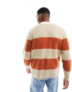 Design Knitted Relaxed Rugby Striped Boucle Jumper In Orange And White